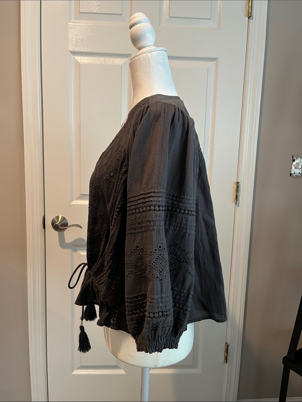 Lucky Brand Charcoal Eyelet Button-Front Drawstring Blouse - Picture 4 of 8